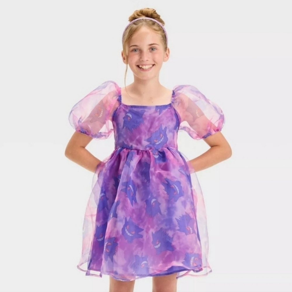 Nintendo Girls Kids Pokemon Gengar Puff Sleeve Organza Dress Purple S